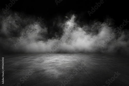 Abstract image of dark room concrete floor. Black room or stage background for product placement.Panoramic view of the abstract fog. White cloudiness, with generative ai