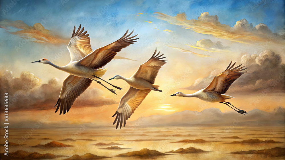 Fototapeta premium Three cranes gracefully fly above the calm ocean waters as the sun sets, casting warm tones across the sky and reflecting on the water's surface