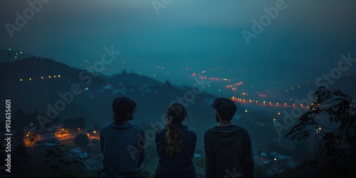 Friends overlooking city lights from hill at dusk, sense of adve photo