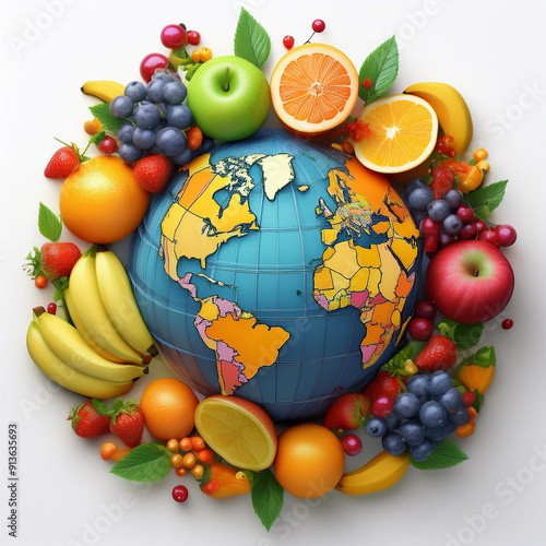 Globe Surrounded by Vibrant Fruits for World Food Day