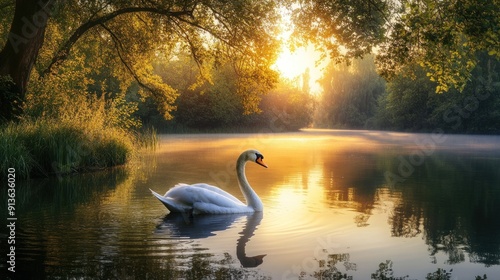 Fototapeta Naklejka Na Ścianę i Meble -  A swan is swimming in a river with a beautiful sunset in the background