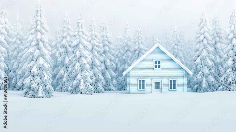 Snowcovered cabin in the woods, simple modern clean background Snowcovered cabin in the woods, simple modern clean background
