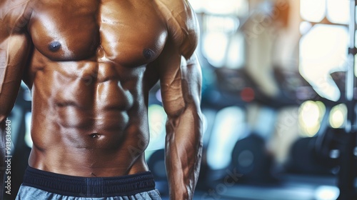 Close-Up of Muscular Male Torso in Gym Setting with Defined Abs and Strong Physique