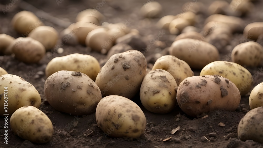 Describe the rich, earthy aroma and appearance of freshly dug potatoes, still covered in soil, with their rough skins and hearty shapes Describe the rich, earthy aroma and appearance of freshly dug potatoes, still covered in soil, with their rough skins and hearty shapes