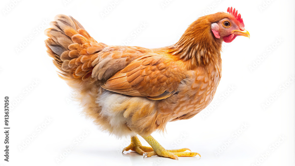 Fototapeta premium A brown hen stands confidently on a clean, white surface, showcasing its vibrant feathers and distinctive comb under bright indoor lighting