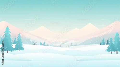 Snowy landscape with distant mountains, simple modern clean background