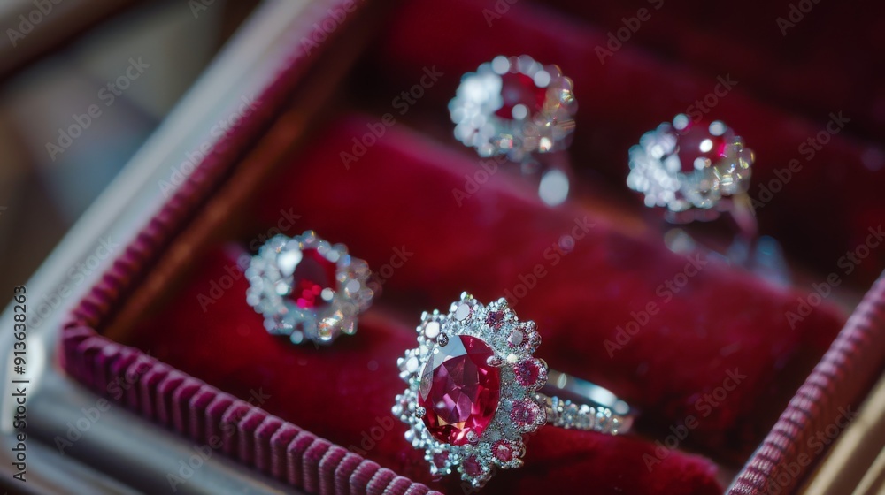 Sparkling Red Gemstone Rings in a Velvet Box