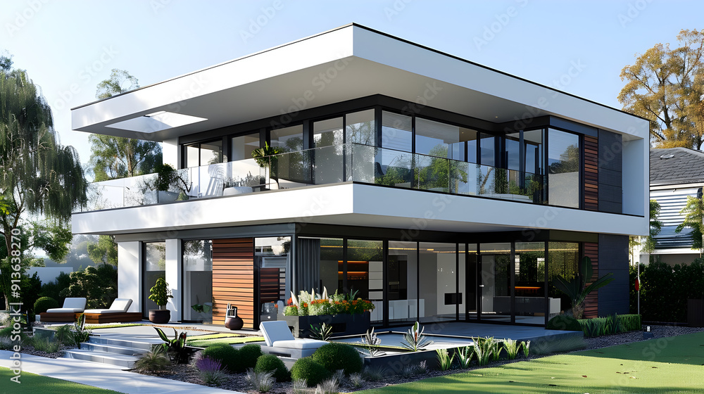 Modern House with Patio and Balcony 3D Illustration Modern House with Patio and Balcony 3D Illustration
