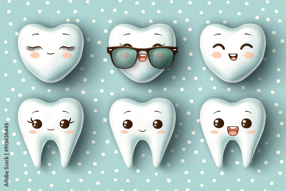 Obraz premium A set of cartoon teeth with sunglasses on them. The teeth are smiling and wearing sunglasses, giving the impression of a fun and lighthearted atmosphere