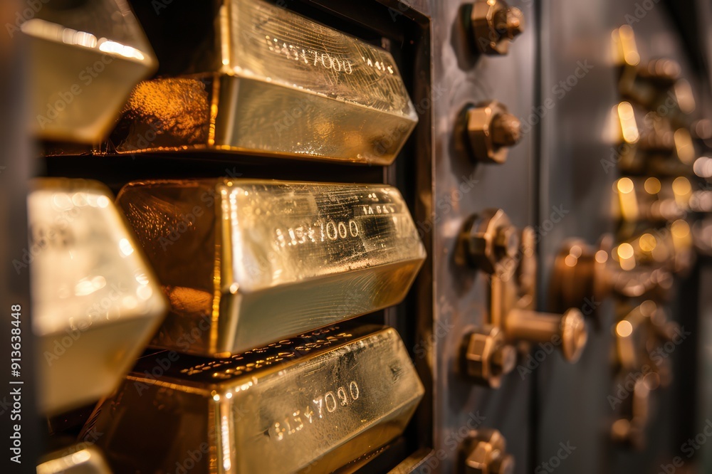 A stack of gold bars in a secure vault setting A stack of gold bars in a secure vault setting