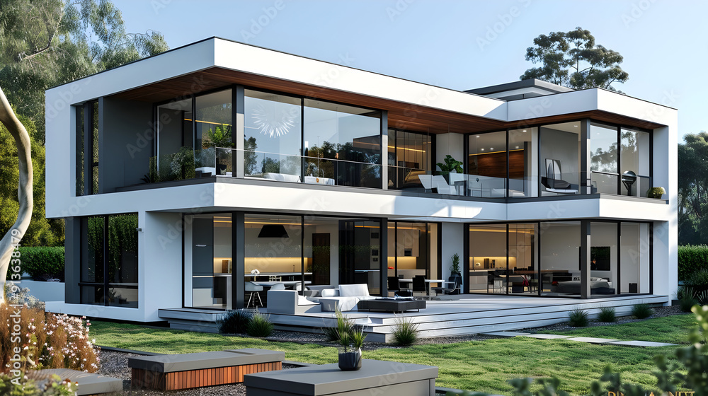 Modern House with Large Windows and Patio - 3D Illustration Modern House with Large Windows and Patio - 3D Illustration