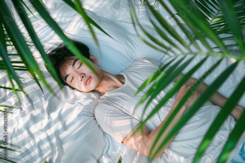 Enveloped serenity young man finds solace his peaceful nap. Serene restfulness of deep sleep captures young man cozy bedroom. Peaceful escape of busy day finding solace restful slumber.