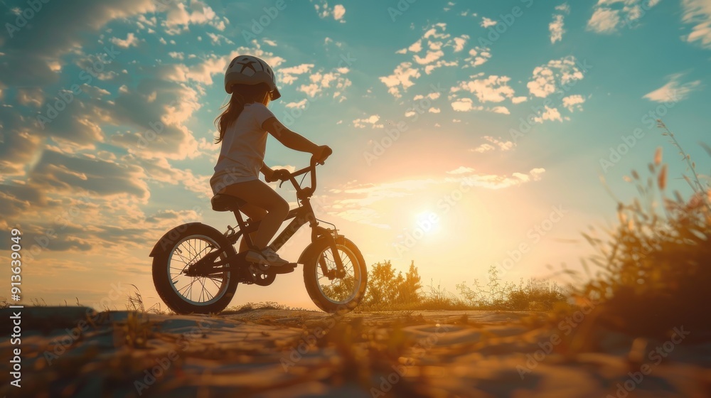 Fototapeta premium A girl is riding a bike in a field with the sun setting in the background