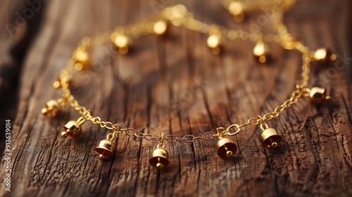 Golden Anklet with Bells on a Wooden Surface photo