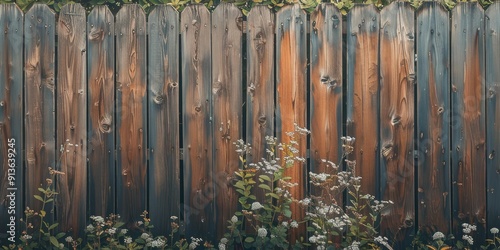 Weathered wooden fence with white flowers. photo