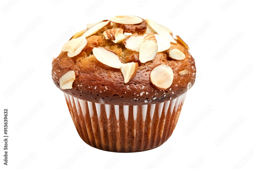 Almond muffin or apple cinnamon cupcake topped with crunchy nuts pieces isolated on white transparent background Almond muffin or apple cinnamon cupcake topped with crunchy nuts pieces isolated on white transparent background