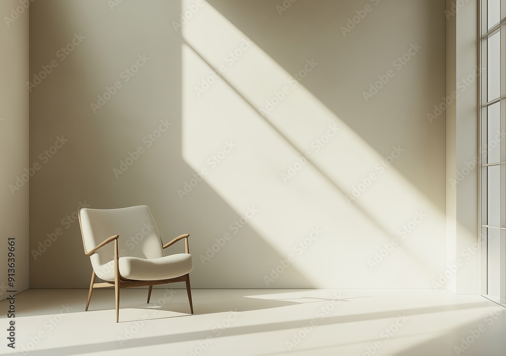 Fototapeta premium Modern minimalist living room interior with an armchair casting shadows