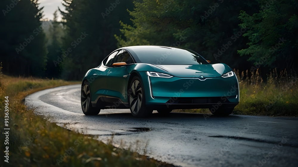 Eco-friendly transportation with electric vehicles. electric car driving on the road Eco-friendly transportation with electric vehicles. electric car driving on the road