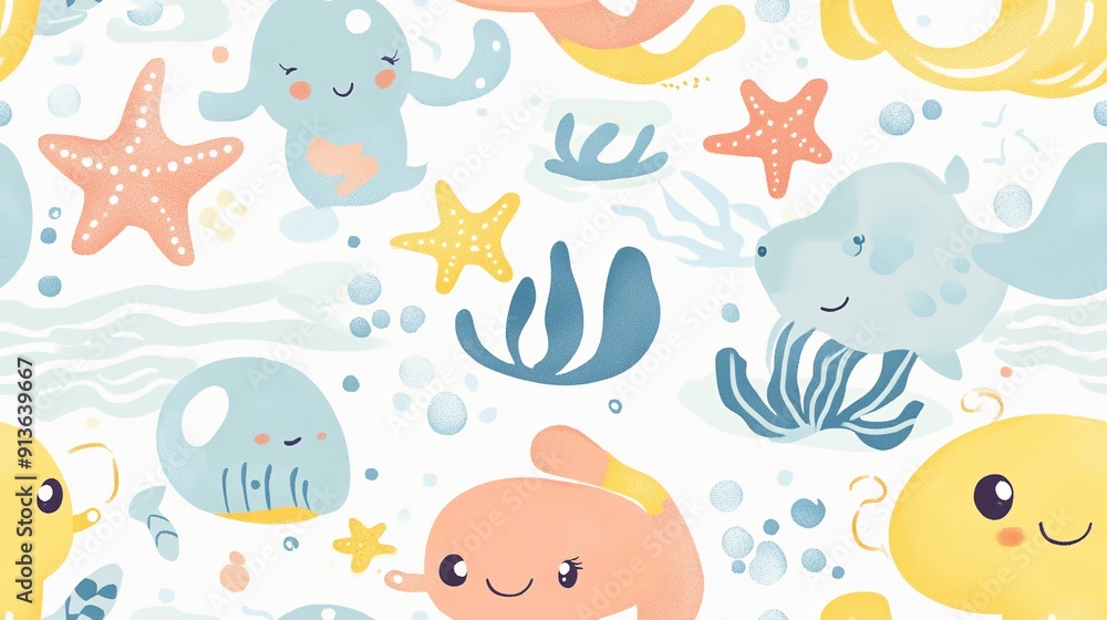 A seamless pattern featuring cute sea monsters and adorable underwater creatures. The design showcases friendly sea monsters with soft, rounded shapes and pastel colors, interacting with charming sea A seamless pattern featuring cute sea monsters and adorable underwater creatures. The design showcases friendly sea monsters with soft, rounded shapes and pastel colors, interacting with charming sea