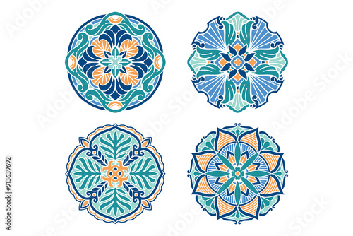 beauty and colorful floral mandala art round ornament design sets for boutique, fashion, jewelery. abstract flower petal pattern vector illustration. feminine botanic geometric decor collections