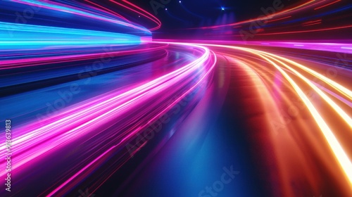 Futuristic city street light trails at night with a bright neon sign in the background