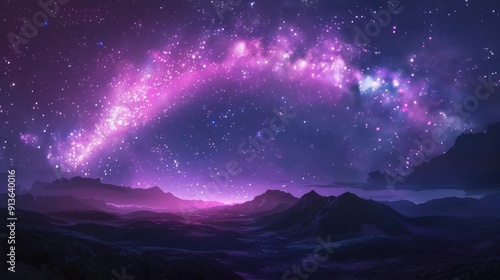Beautiful night sky with a purple hue and a large milky way landscape