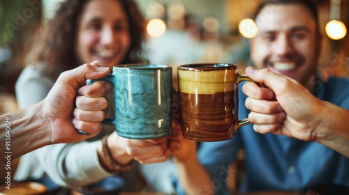 Friends Toasting with Rustic Mugs in Warm, Inviting Café Setting 