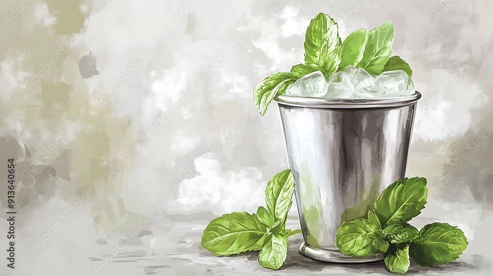Mint Julep Cocktail with Ice in a Silver Cup. Mint Julep Cocktail with Ice in a Silver Cup.