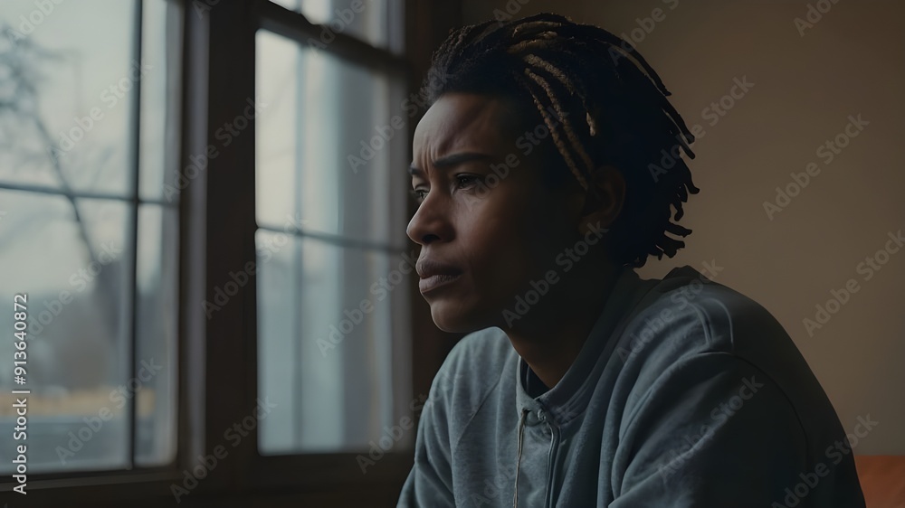 person looking through window. Mental health awareness with calming atmosphere person looking through window. Mental health awareness with calming atmosphere