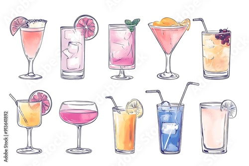 Set of 10 Hand-Drawn Summer Cocktails with Colorful Watercolor Textures.