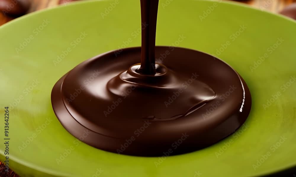 Chocolate pouring into a green plate on a wooden table with coffee beans Chocolate pouring into a green plate on a wooden table with coffee beans