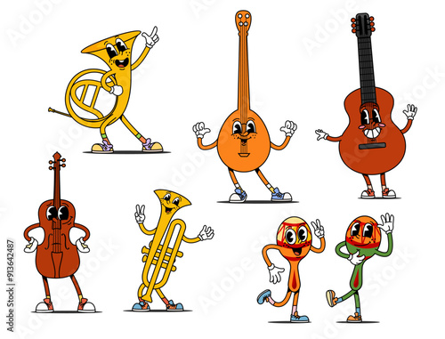 Cartoon retro groovy musical instrument characters. Tuba, guitar, violin, banjo, trumpet, or maracas with happy expressions. Isolated vector playful musical anthropomorphic instrument in vintage style