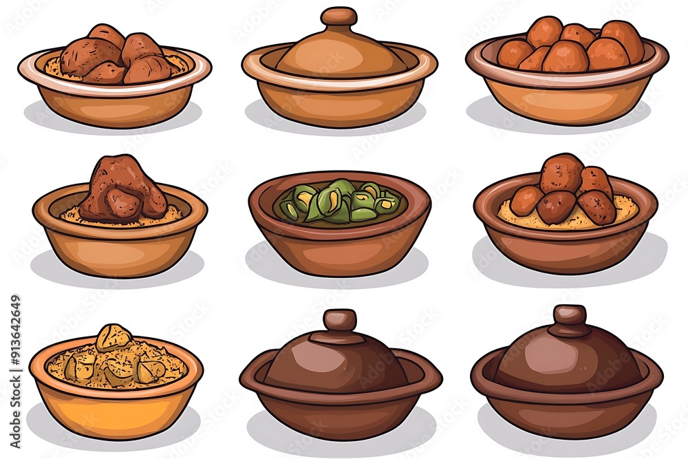 Set of Clay Pots with Different Food Items. Set of Clay Pots with Different Food Items.