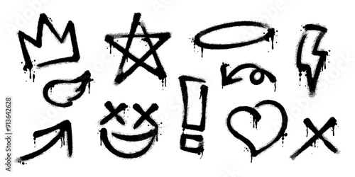 Set of graffiti spray paint icons. Grunge and dirty decoration design elements for banner, flyer, cards, poster, collages and ads.