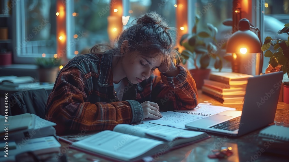 Student Studying Late at Night in Cozy Room With Warm Lighting From Plants Student Studying Late at Night in Cozy Room With Warm Lighting From Plants