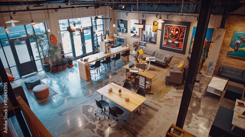 Wallpaper Mural Aerial shot of a collaborative startup workspace with standing desks, group meeting areas, and motivational posters Torontodigital.ca