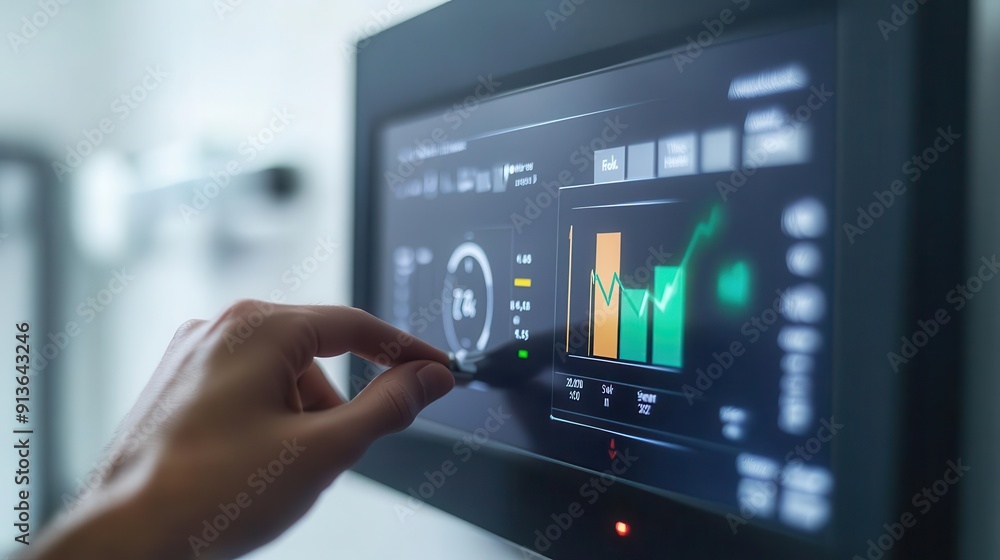 Side view of a hand fine-tuning a thermostat, photorealistic close-up, with a blurred energy-saving graph on the monitor Side view of a hand fine-tuning a thermostat, photorealistic close-up, with a blurred energy-saving graph on the monitor