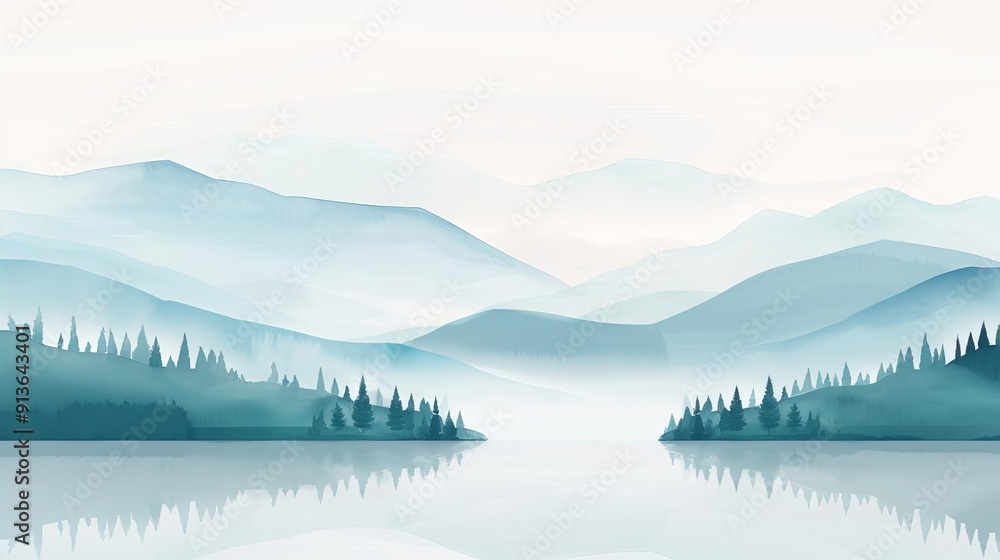Obraz premium A drizzle over a mountain landscape, serene nature, watercolor illustration, soft pastels, isolated on white background