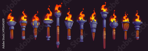 Medieval fire torch, game asset. Cartoon vector ancient burning brands with wooden handles and metal holders at the top, emitting vibrant flames. Isolated gui flaming torchlight or lighting flambeau
