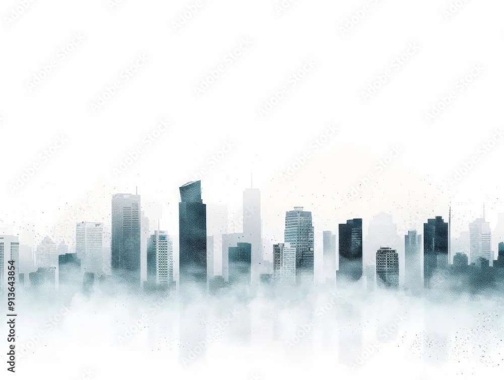 Drizzle over a cityscape, urban mood, digital illustration, grayscale, isolated on white background