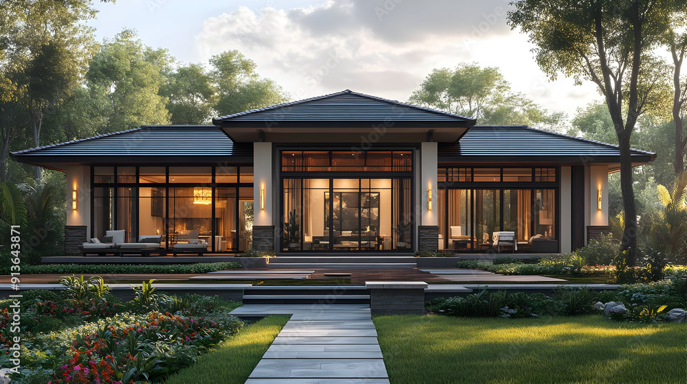 Modern house with large windows and a patio. Modern house with large windows and a patio.