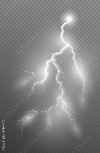 Realistic lightning flash effect, thunderstorm and lightning. Shining white lightning isolated on transparent background, natural phenomenon png.