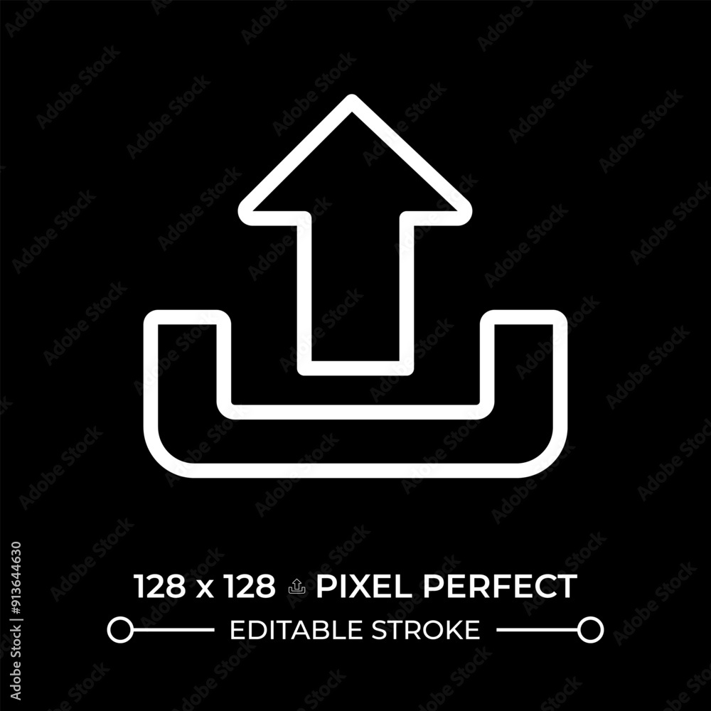Upload white linear icon for dark theme. Upward arrow. User interface button. Data transfer and management. Files transfer. Thin line illustration. Isolated symbol for night mode. Editable stroke Upload white linear icon for dark theme. Upward arrow. User interface button. Data transfer and management. Files transfer. Thin line illustration. Isolated symbol for night mode. Editable stroke