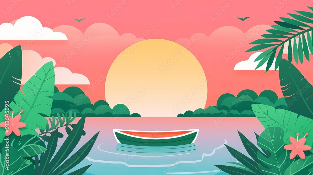 Jungle river, boat navigating through, flat design illustration Jungle river, boat navigating through, flat design illustration