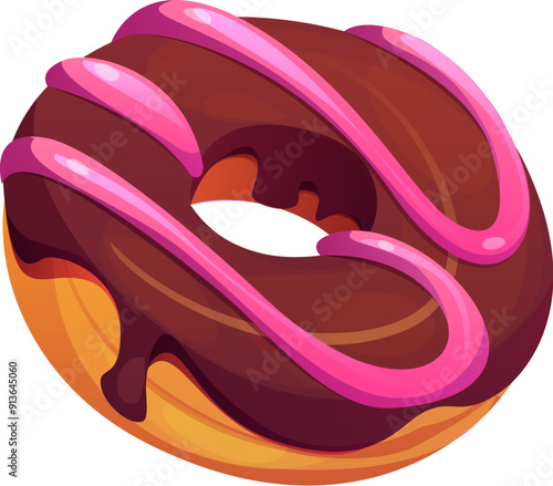 Cartoon donut, fast food treat. Isolated vector luscious chocolate doughnut drizzled with pink icing. Decadent bakery, confection or pastry combines rich cocoa flavor with a sweet, colorful topping
