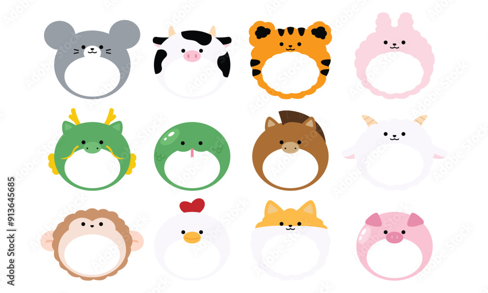 Fototapeta premium Cute Chinese zodiac animals head frame clipart