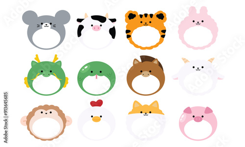 Cute Chinese zodiac animals head frame clipart