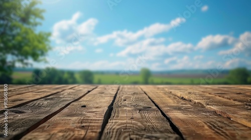 A rustic wooden table with a view of a field and clouds in the sky background