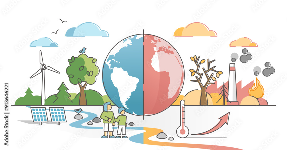Naklejka premium Climate change with weather global greenhouse warming risks outline concept, transparent background.