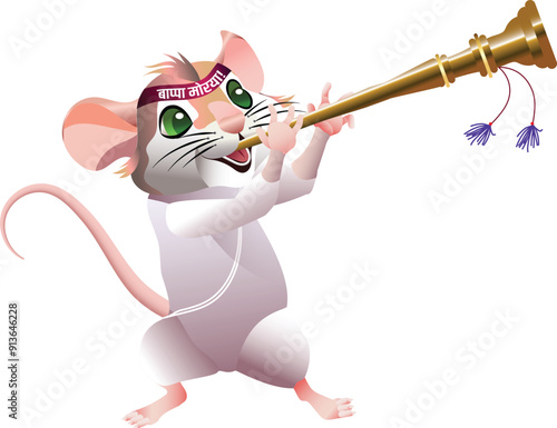 mouse, a vehicle of Lord Ganesha, Having a headband written 'lord Ganesha bless us' getting ready for India's biggest Festival Ganapati Festival, rat as a musician.